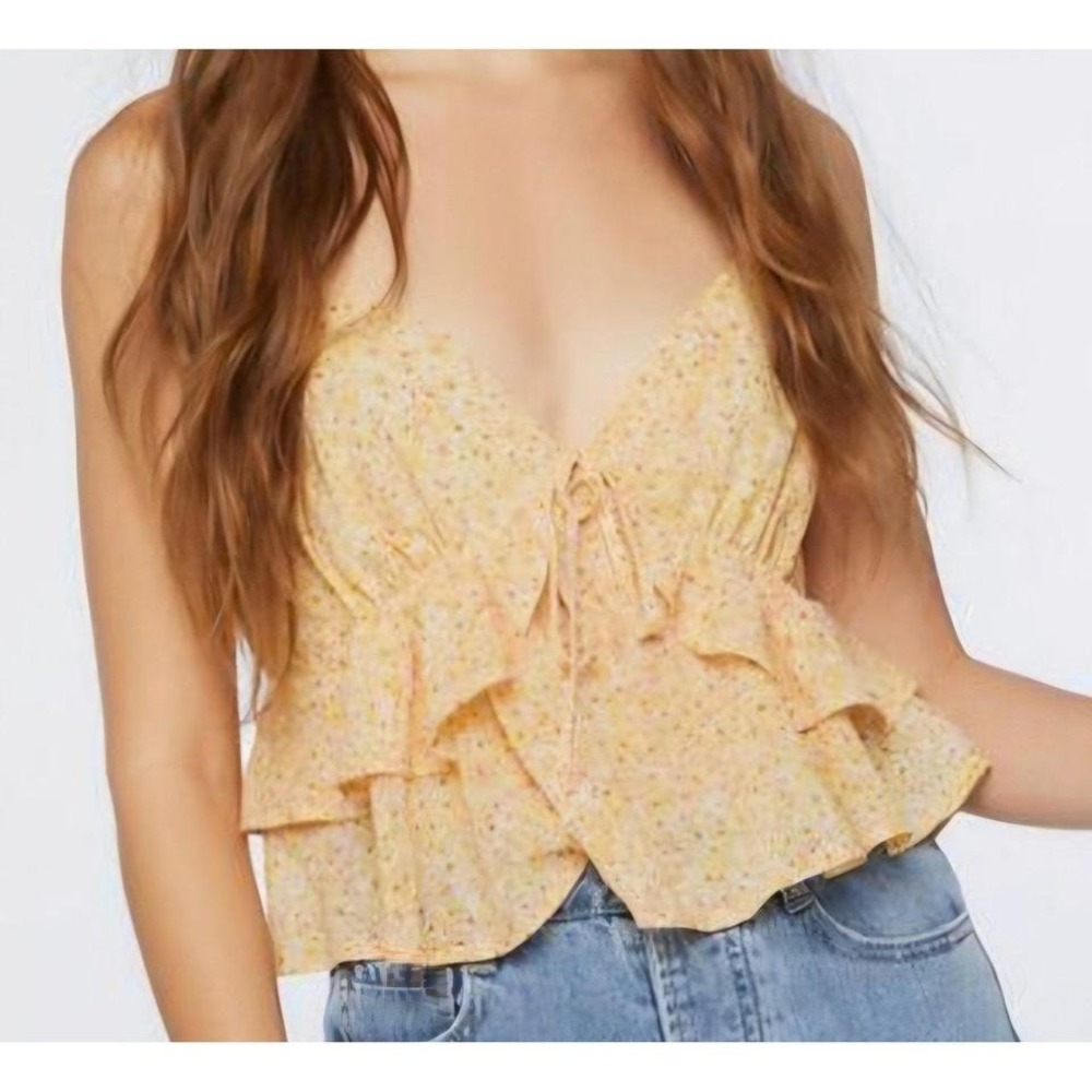 NWT Cami Top Forever 21‎ yellow floral cropped ruffled SZ L Boho Cottagecore